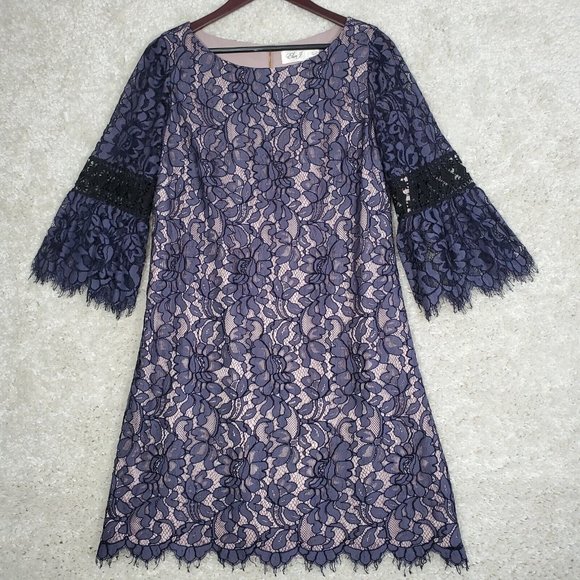 Eliza J Dress Womens 12 Sheath 3/4 Bell Sleeves Lace Lined Scallop Edge Purple - Picture 1 of 16
